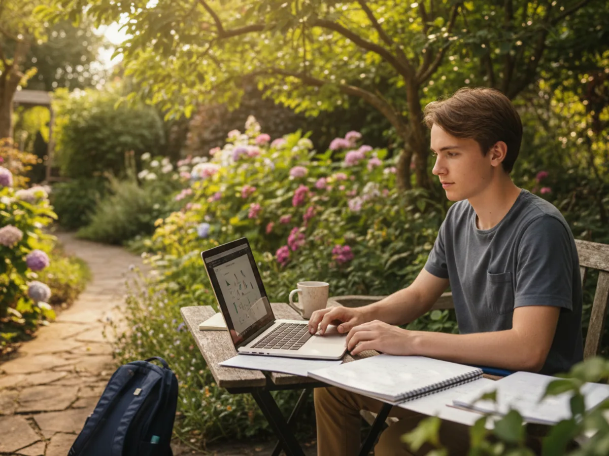 Estudiante estudiando relajado en un jardín